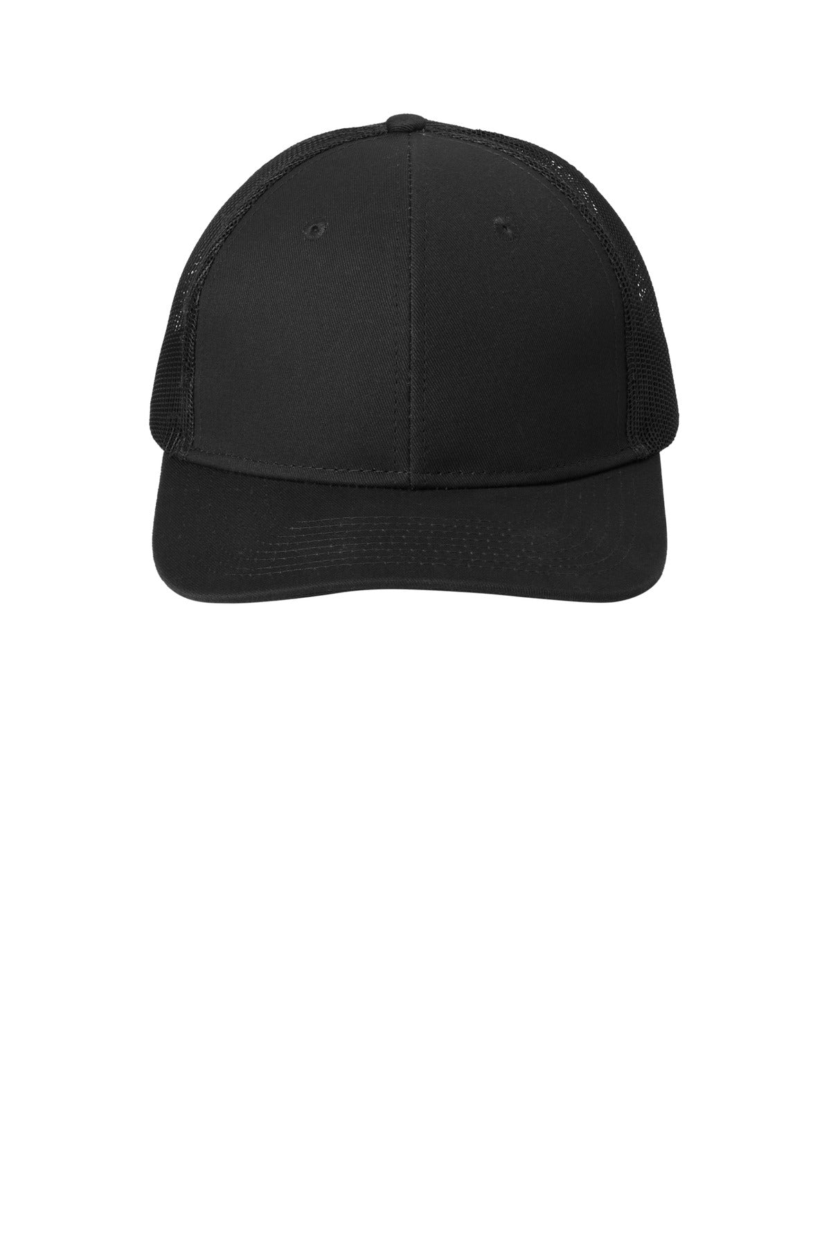 Front View of Black Port Authority Snapback Trucker Cap. C402 plain