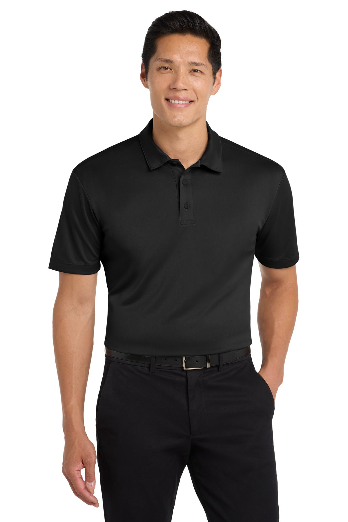 Front View of Black Port Authority Tall Silk Touch Performance Polo. TLK540 plain