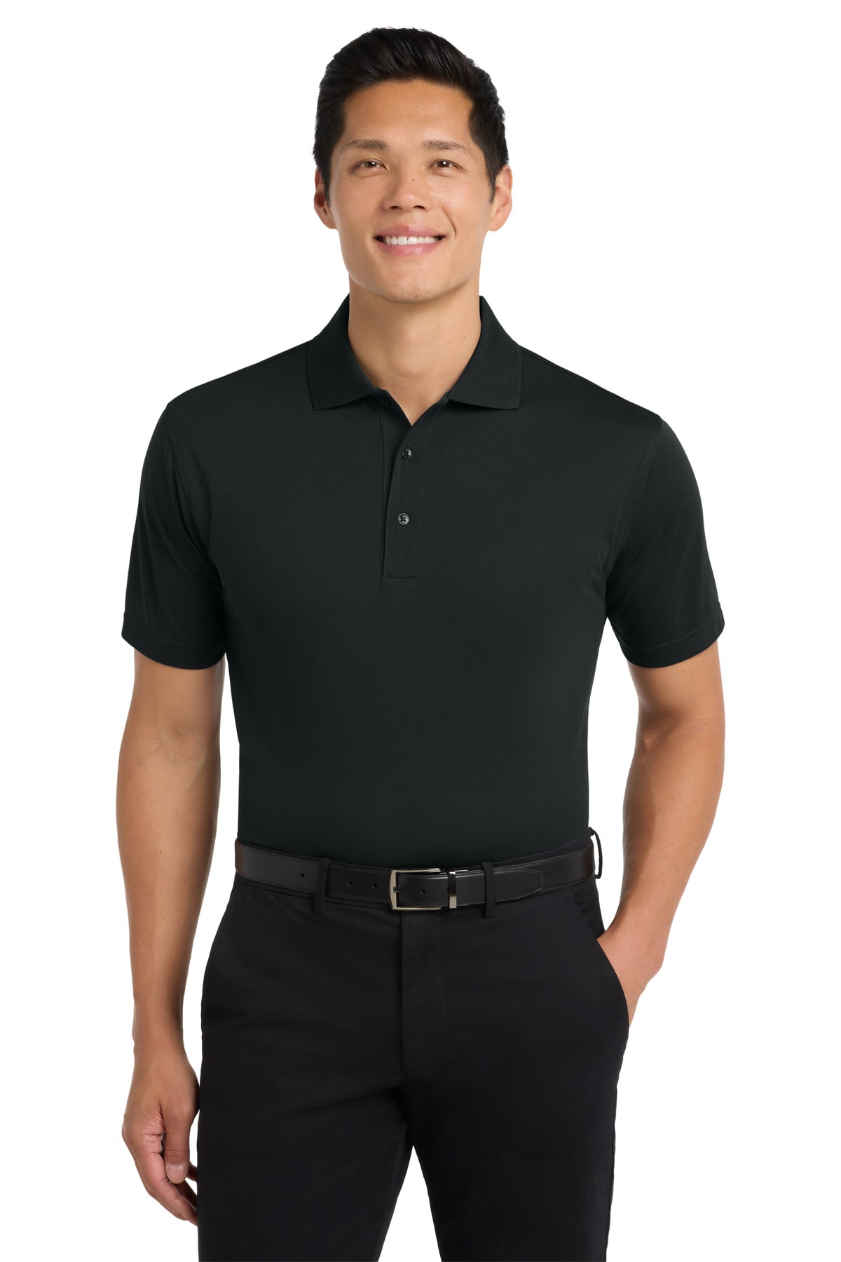 Front View of Black Port Authority Tech Pique Polo. K527 plain