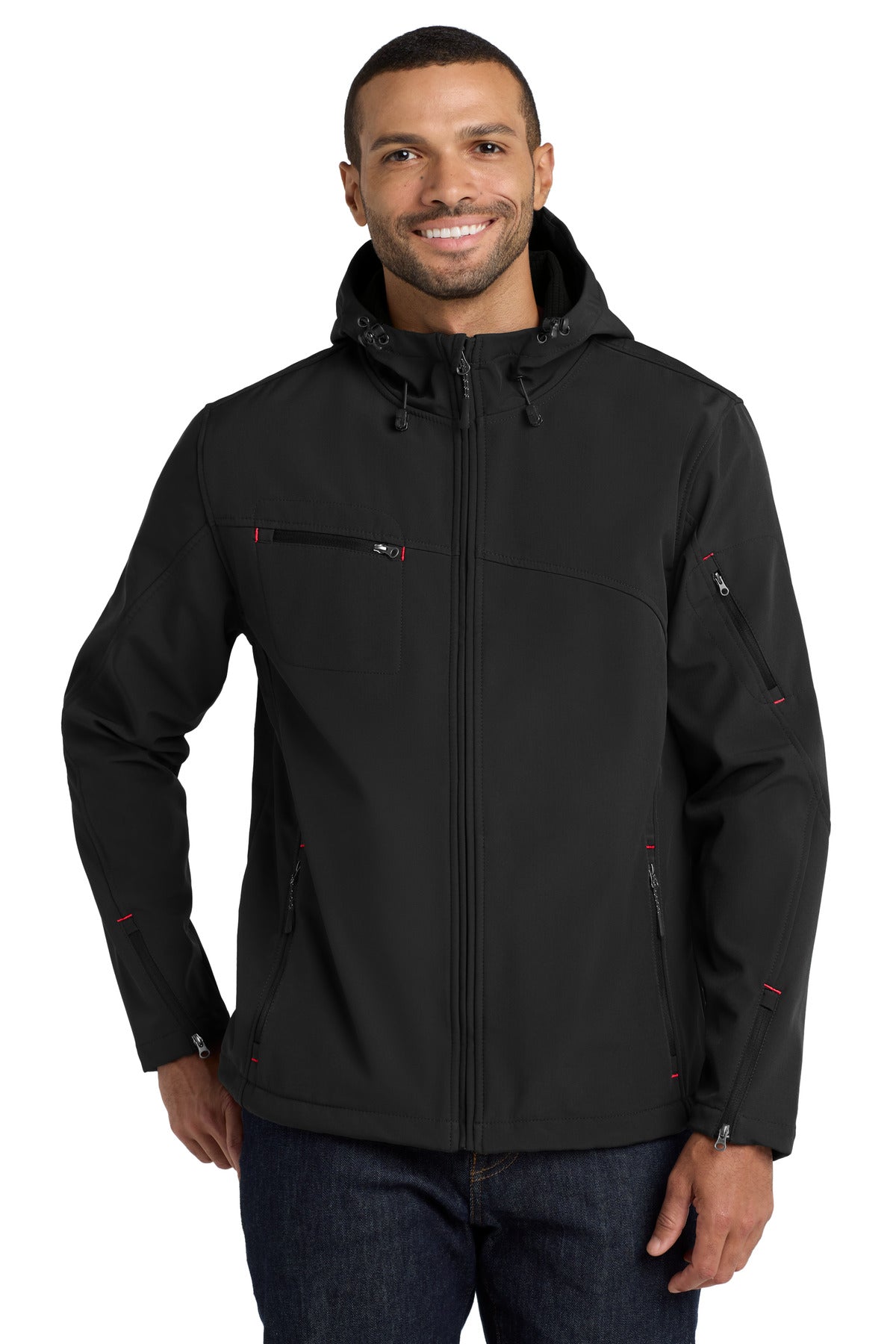 Front View of Black Port Authority Textured Hooded Soft Shell Jacket. J706 plain