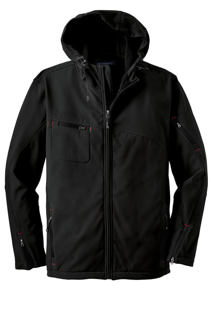 Front View of Black Port Authority Textured Hooded Soft Shell Jacket. J706 plain