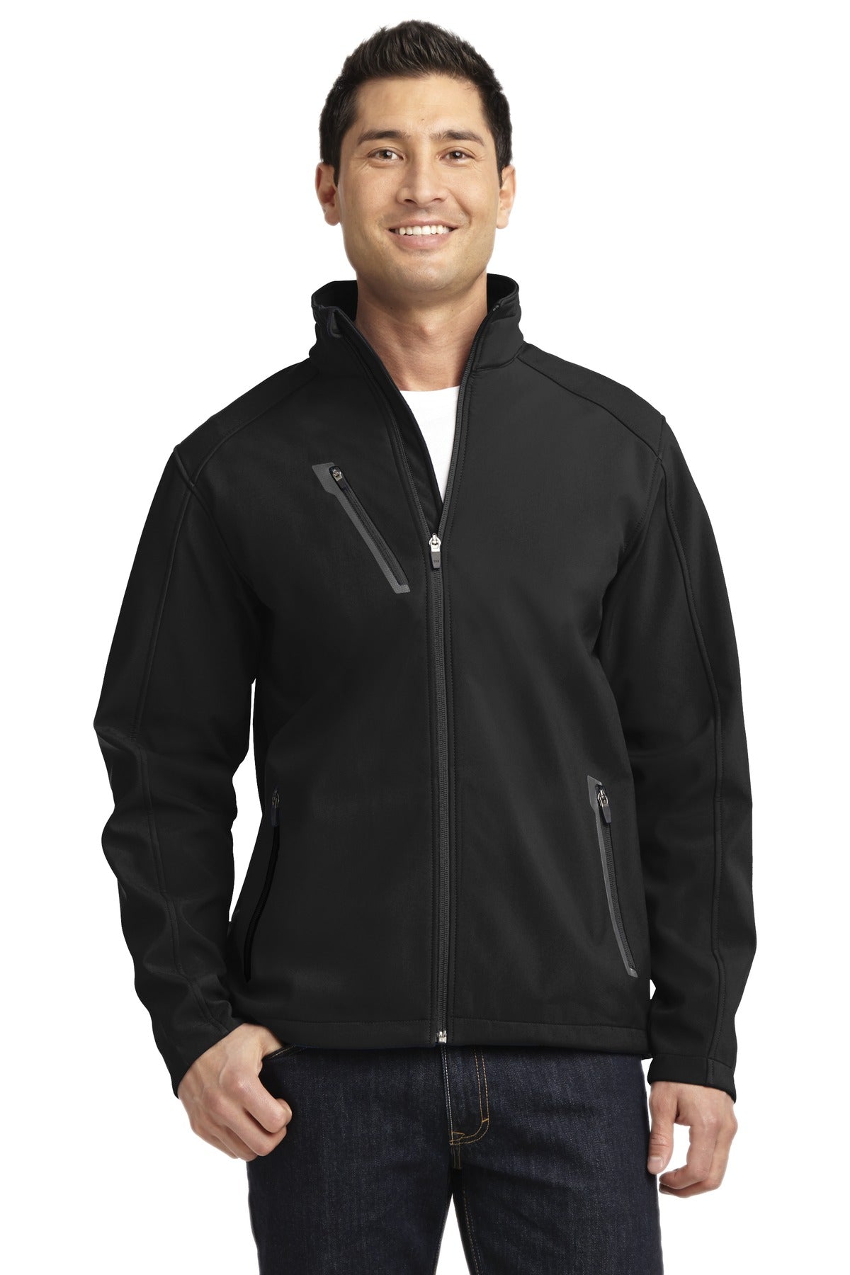 Front View of Black Port Authority Welded Soft Shell Jacket. J324 plain