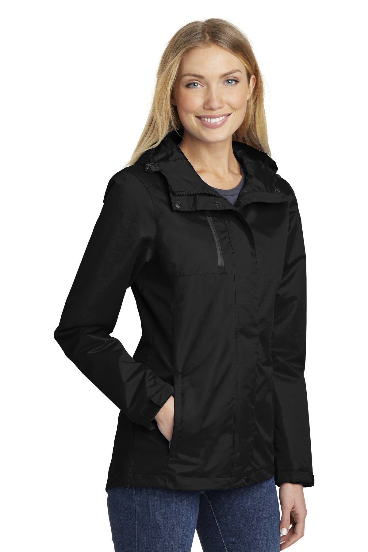 Front View of Black Port Authority Women's All-Conditions Jacket. L331 plain