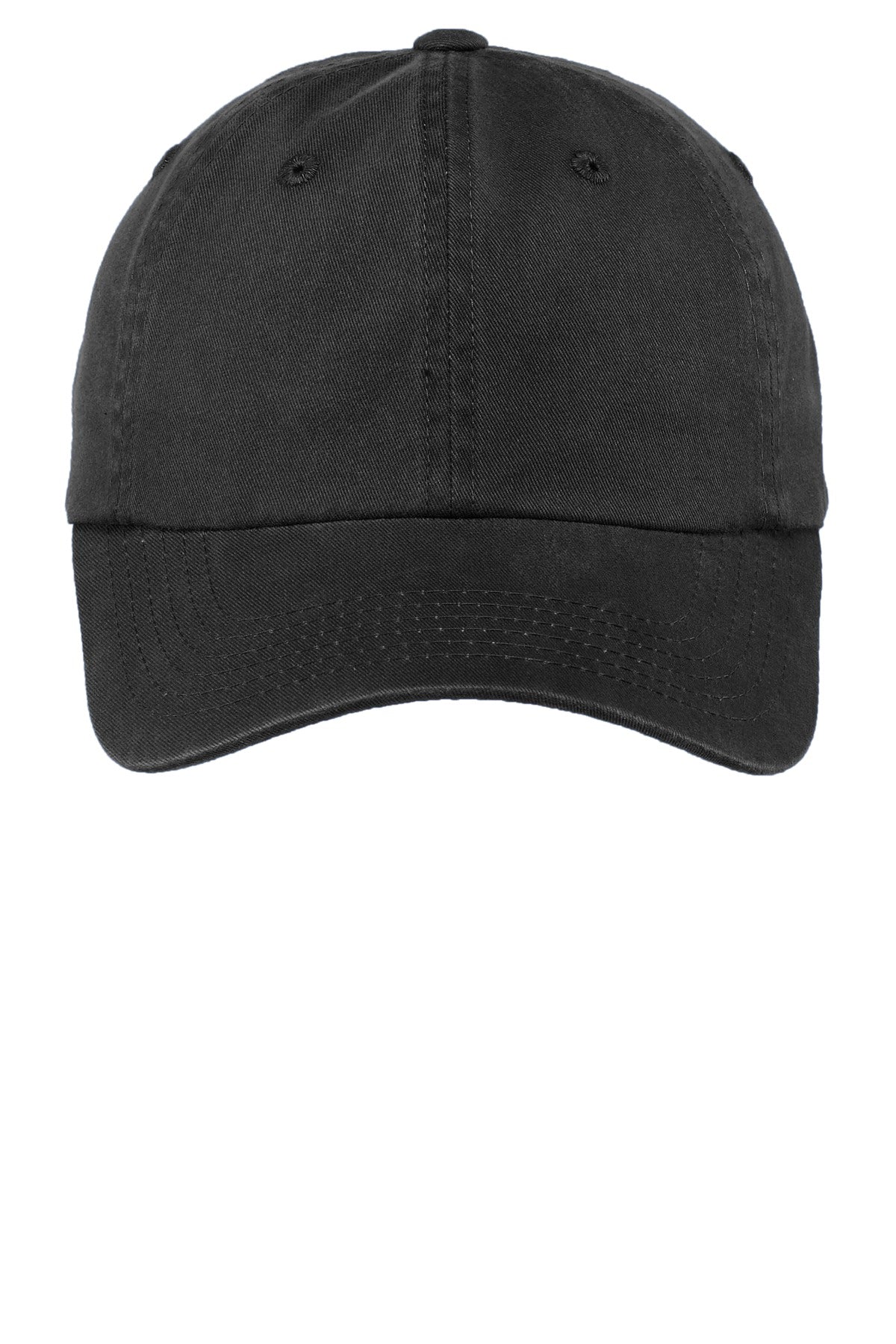 Front View of Black Port Authority Women's Garment-Washed Cap. LPWU plain