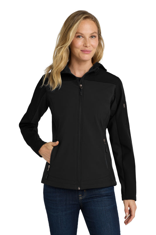 Front View of Black Port Authority Women's Hooded Core Soft Shell Jacket. L335 plain