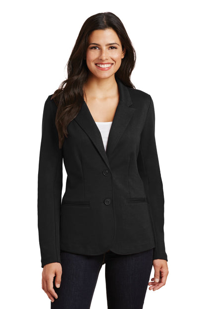 Front View of Black Port Authority Women's Knit Blazer. LM2000 plain