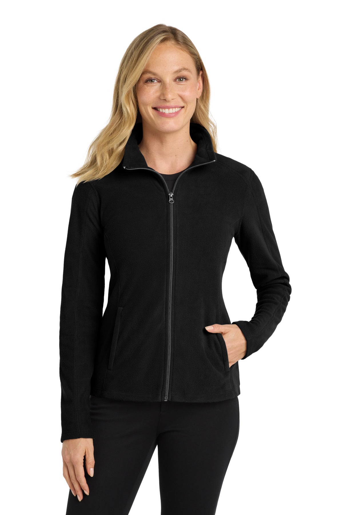 Front View of Black Port Authority Women's Microfleece Jacket. L223 plain