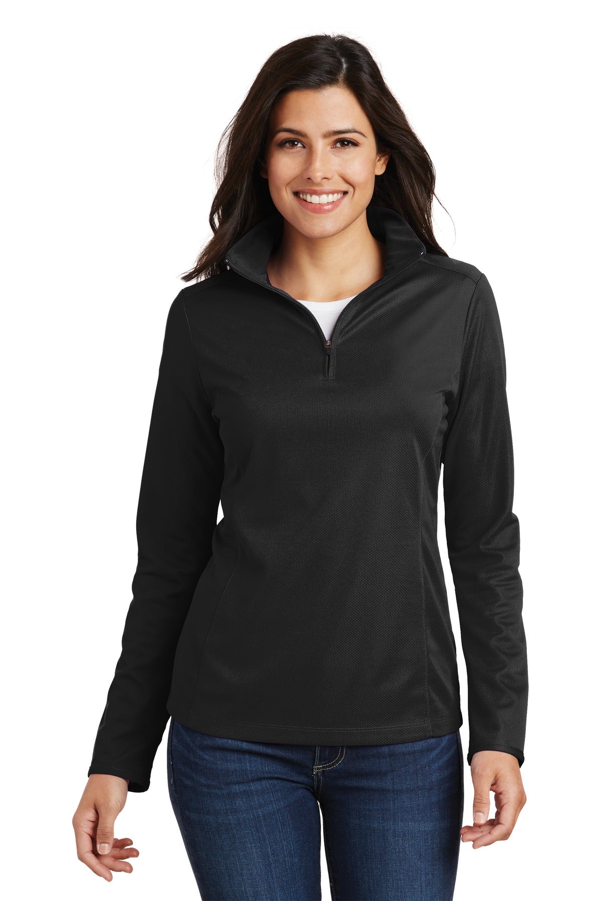 Front View of Black Port Authority Women's Pinpoint Mesh 1/2-Zip . L806 plain
