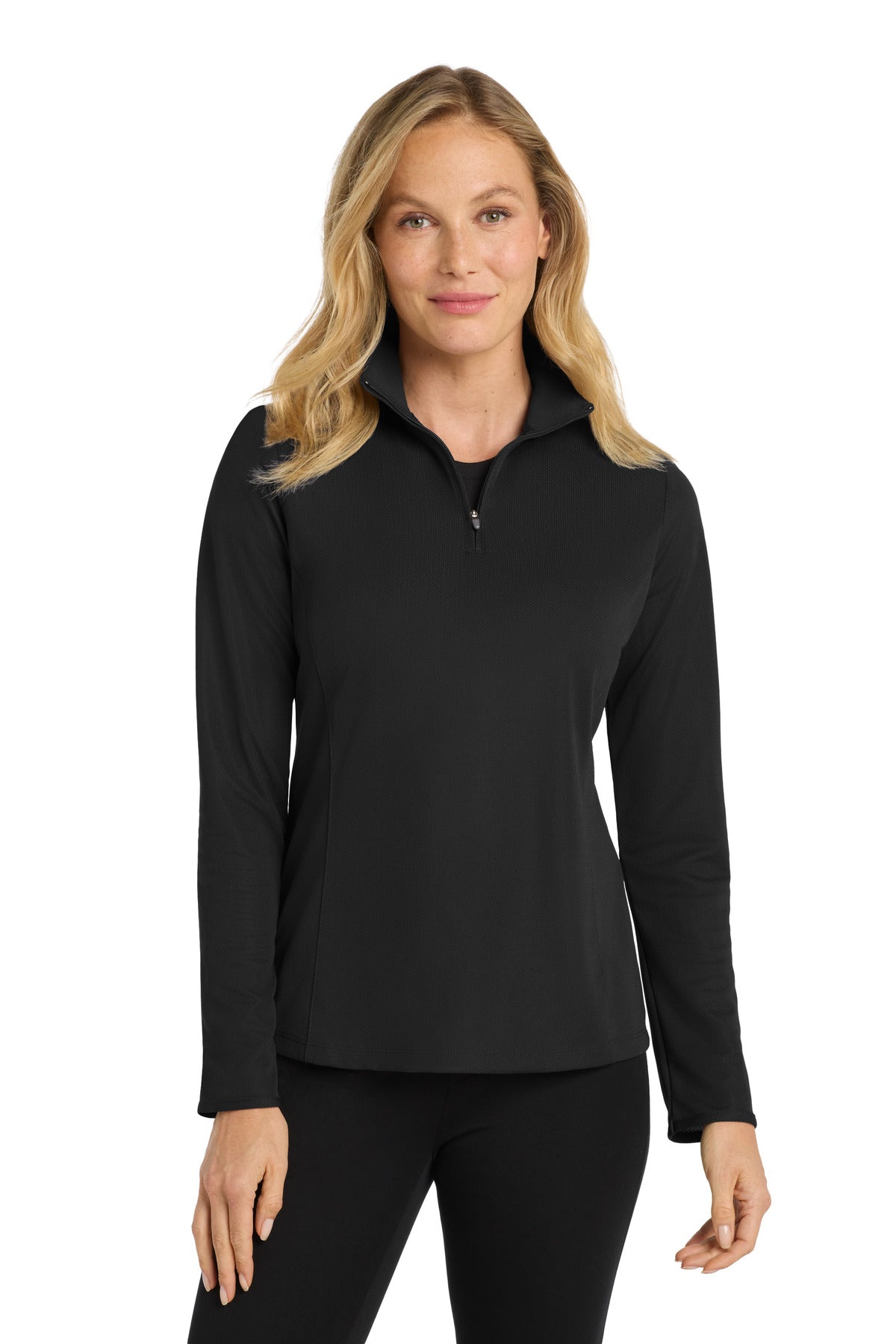 Front View of Black Port Authority Women's Pinpoint Mesh 1/2-Zip . L806 plain