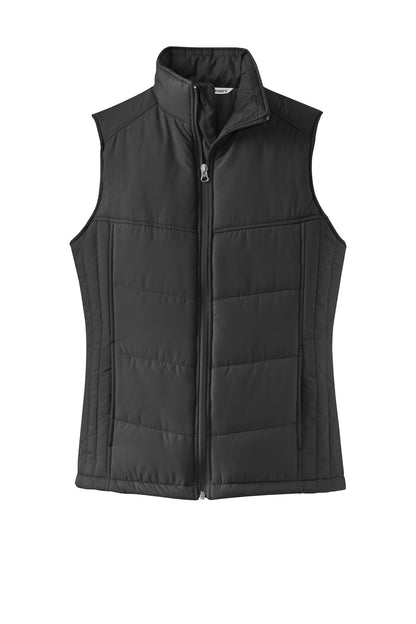 Front View of Black Port Authority Women's Puffy Vest. L709 plain