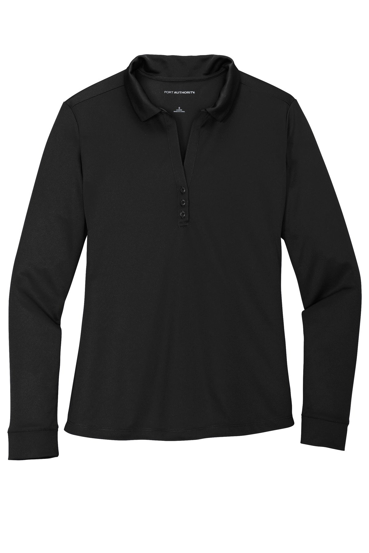 Front View of Black Port Authority Women's Silk Touch Performance Long Sleeve Polo. L540LS plain