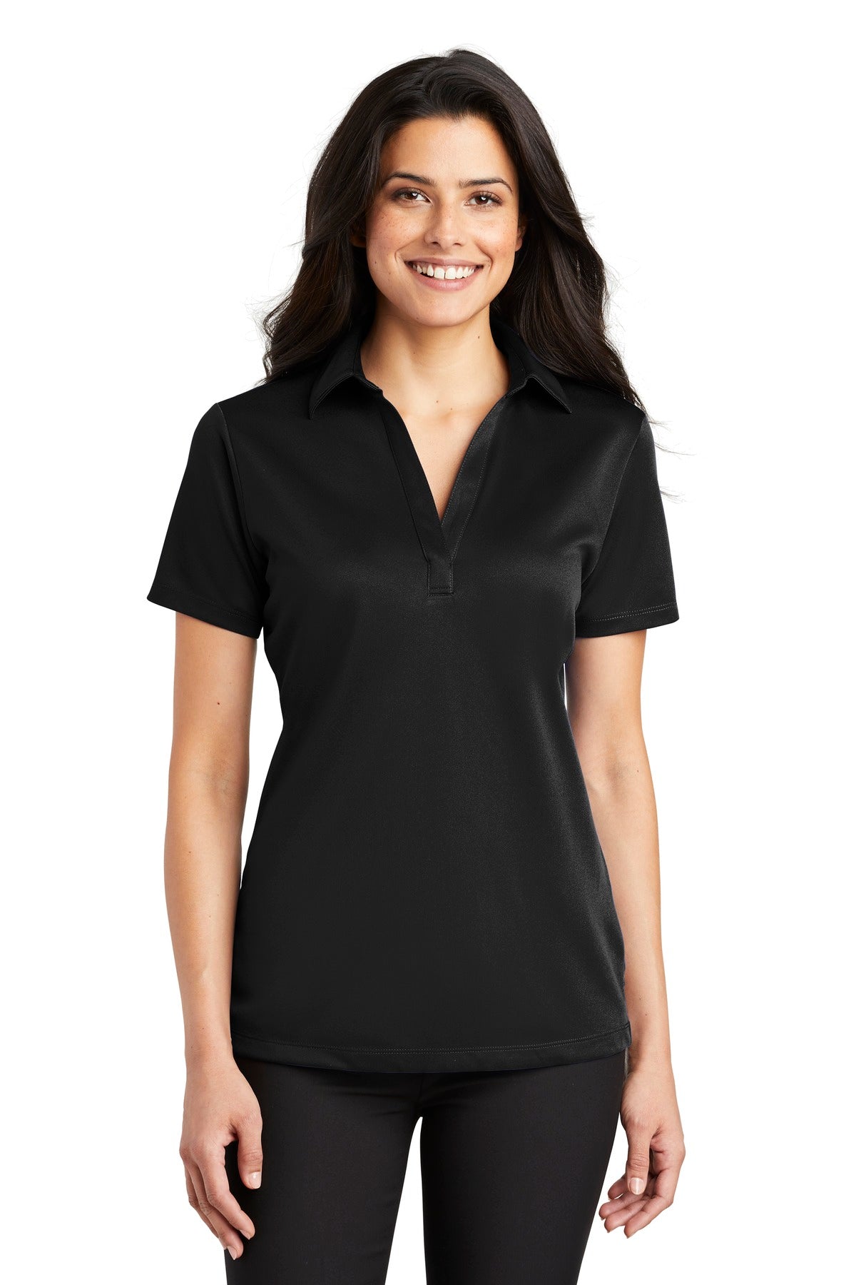 Front View of Black Port Authority Women's Silk Touch Performance Polo. L540 plain