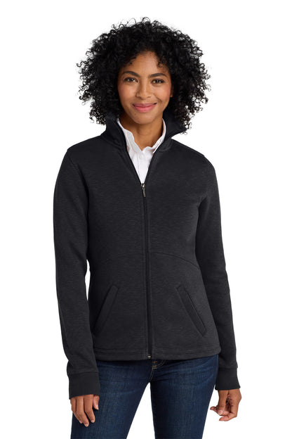 Front View of Black Port Authority Women's Slub Fleece Full-Zip Jacket. L293 plain