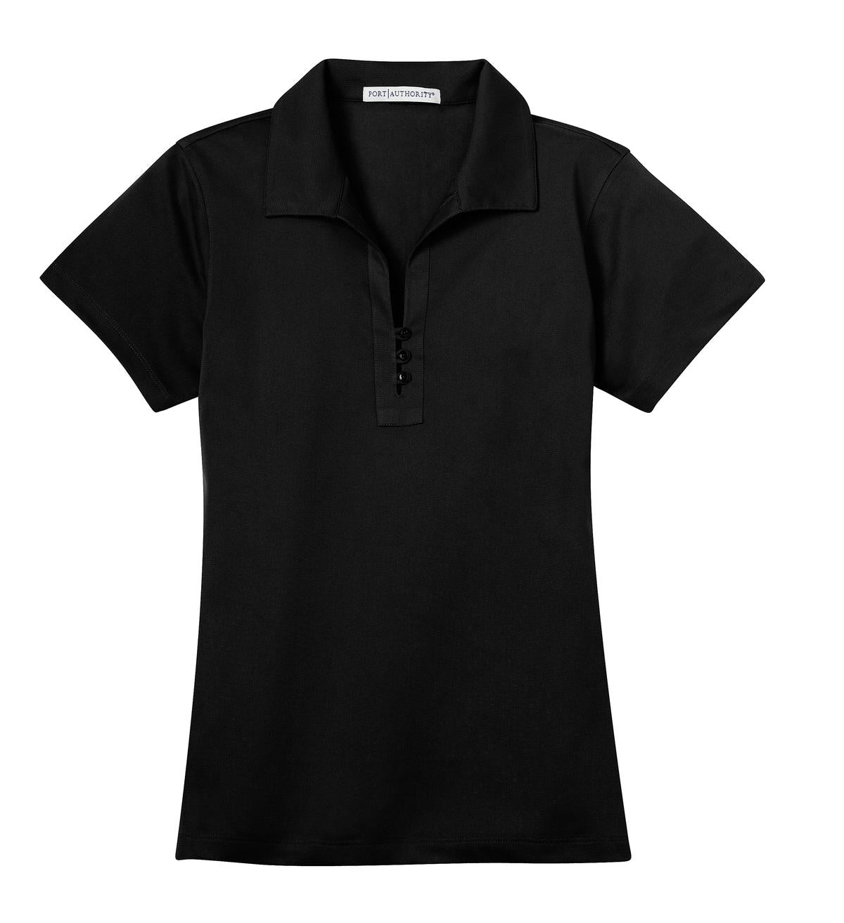 Front View of Black Port Authority Women's Tech Pique Polo. L527 plain