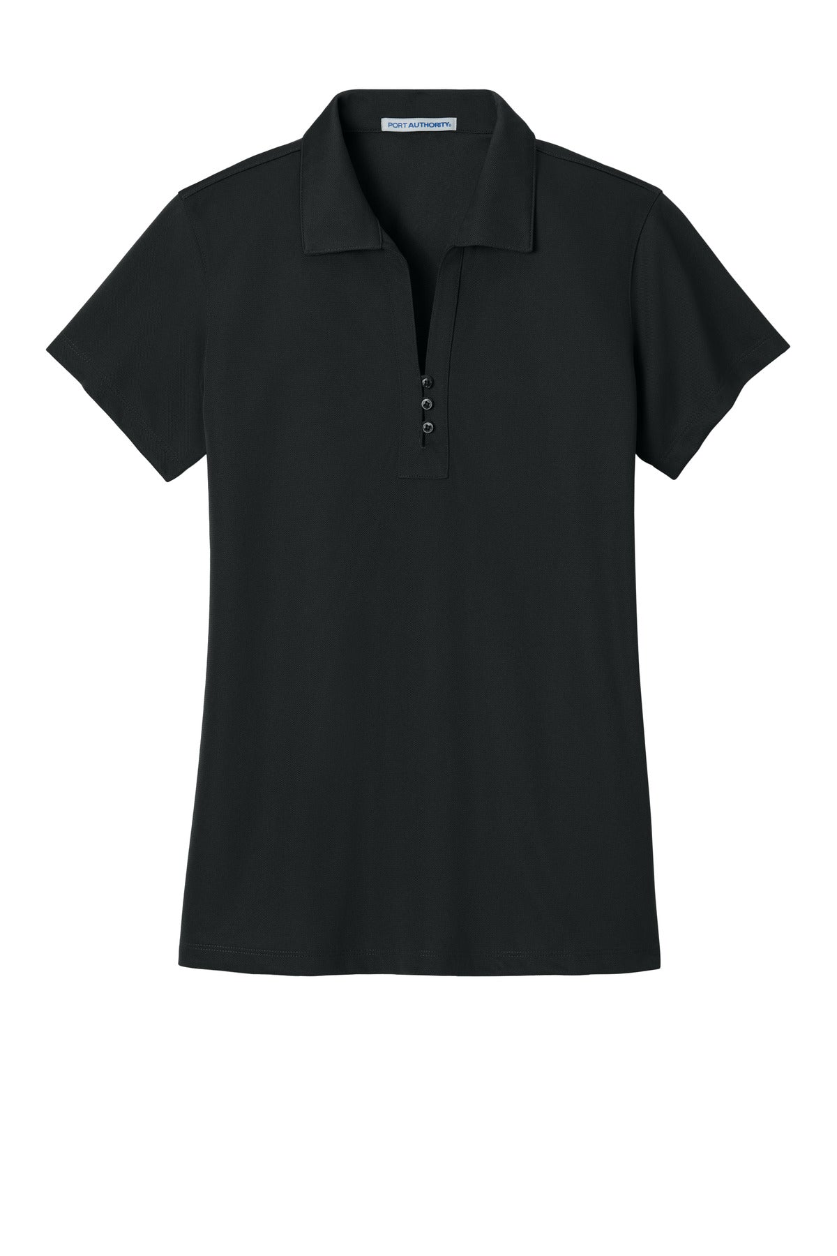 Front View of Black Port Authority Women's Tech Pique Polo. L527