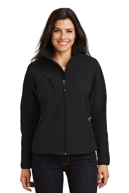 Front View of Black Port Authority Women's Textured Soft Shell Jacket. L705 plain