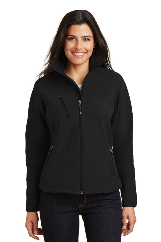 Front View of Black Port Authority Women's Textured Soft Shell Jacket. L705 plain