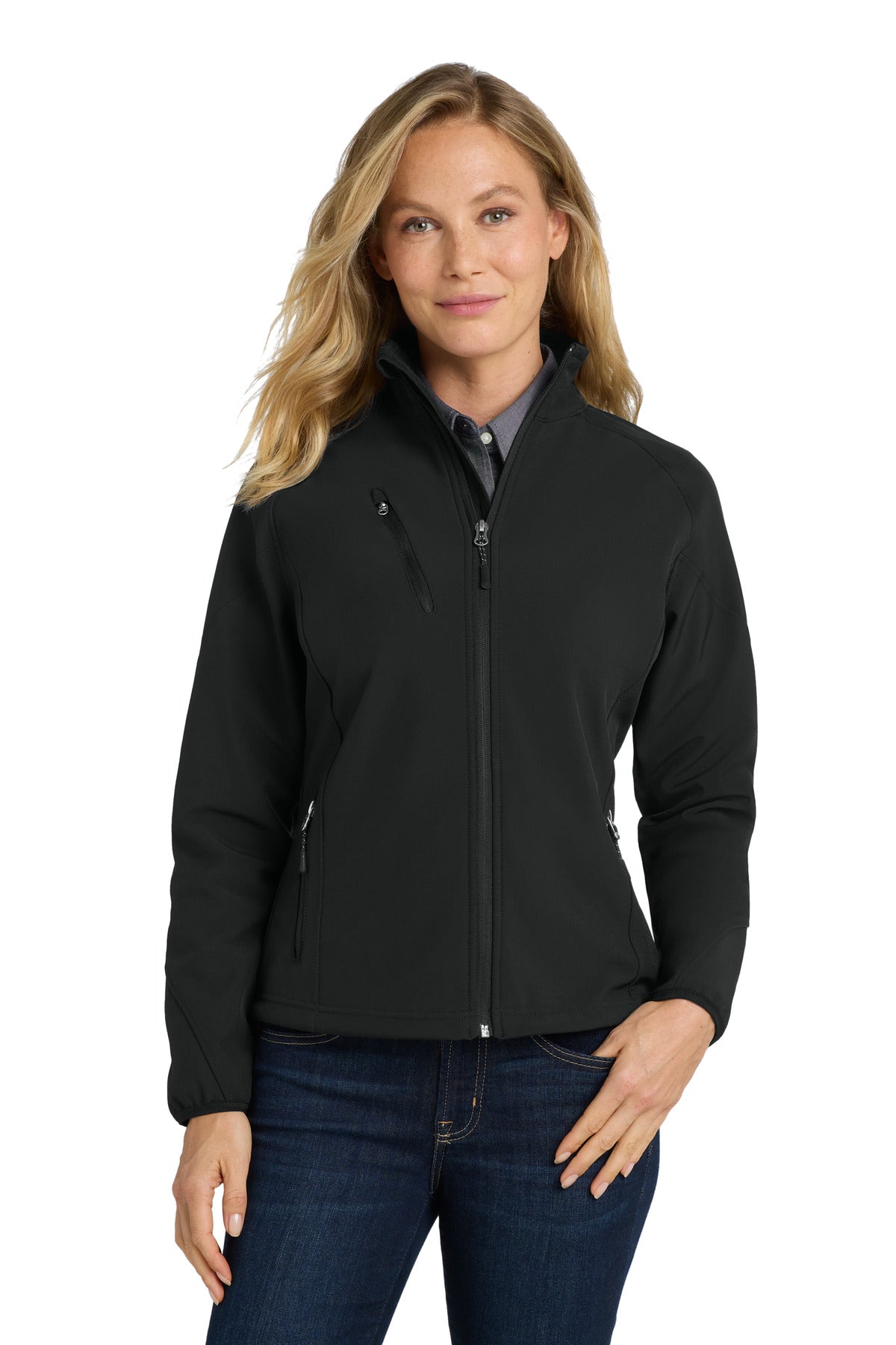 Front View of Black Port Authority Women's Textured Soft Shell Jacket. L705 plain