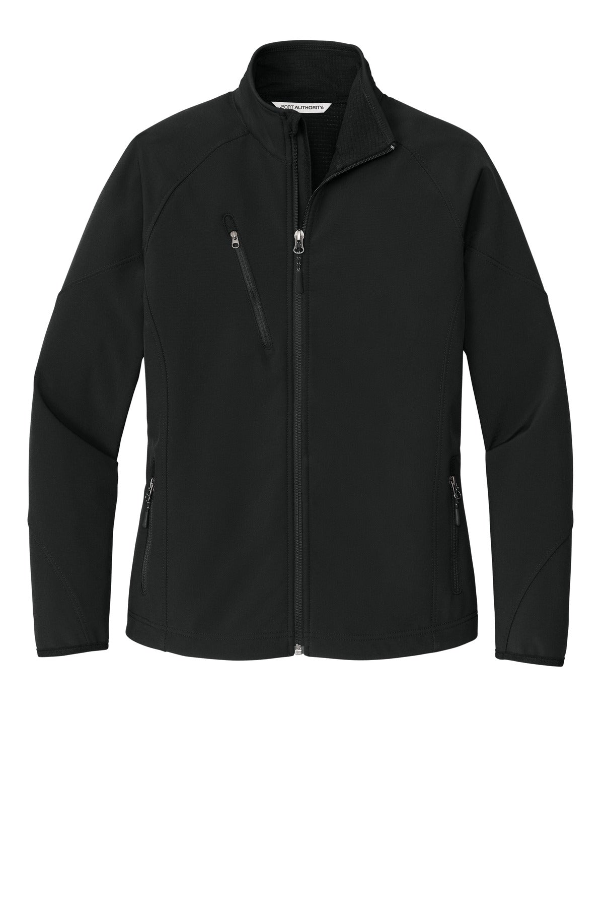 Front View of Black Port Authority Women's Textured Soft Shell Jacket. L705 plain