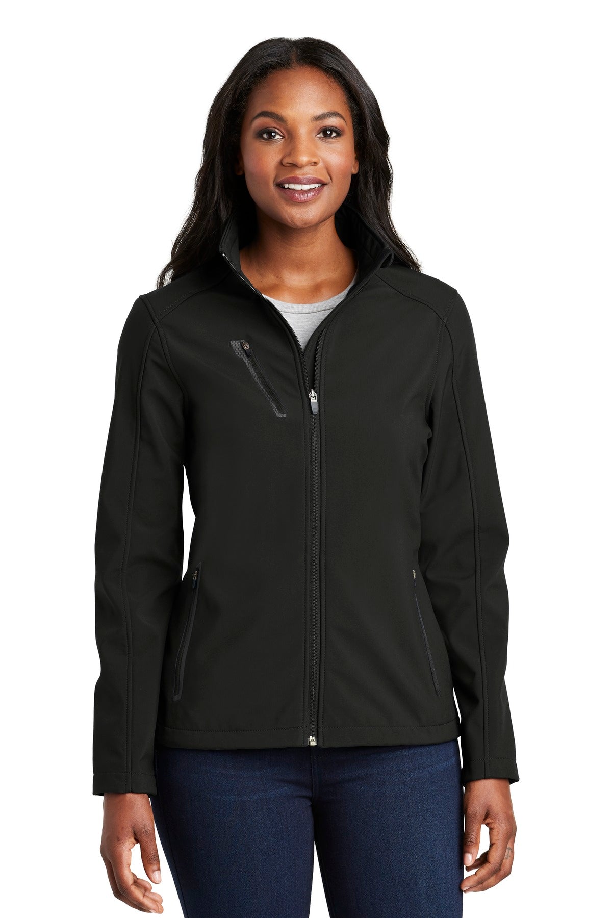 Front View of Black Port Authority Women's Welded Soft Shell Jacket. L324 plain