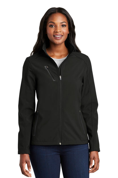 Front View of Black Port Authority Women's Welded Soft Shell Jacket. L324 plain