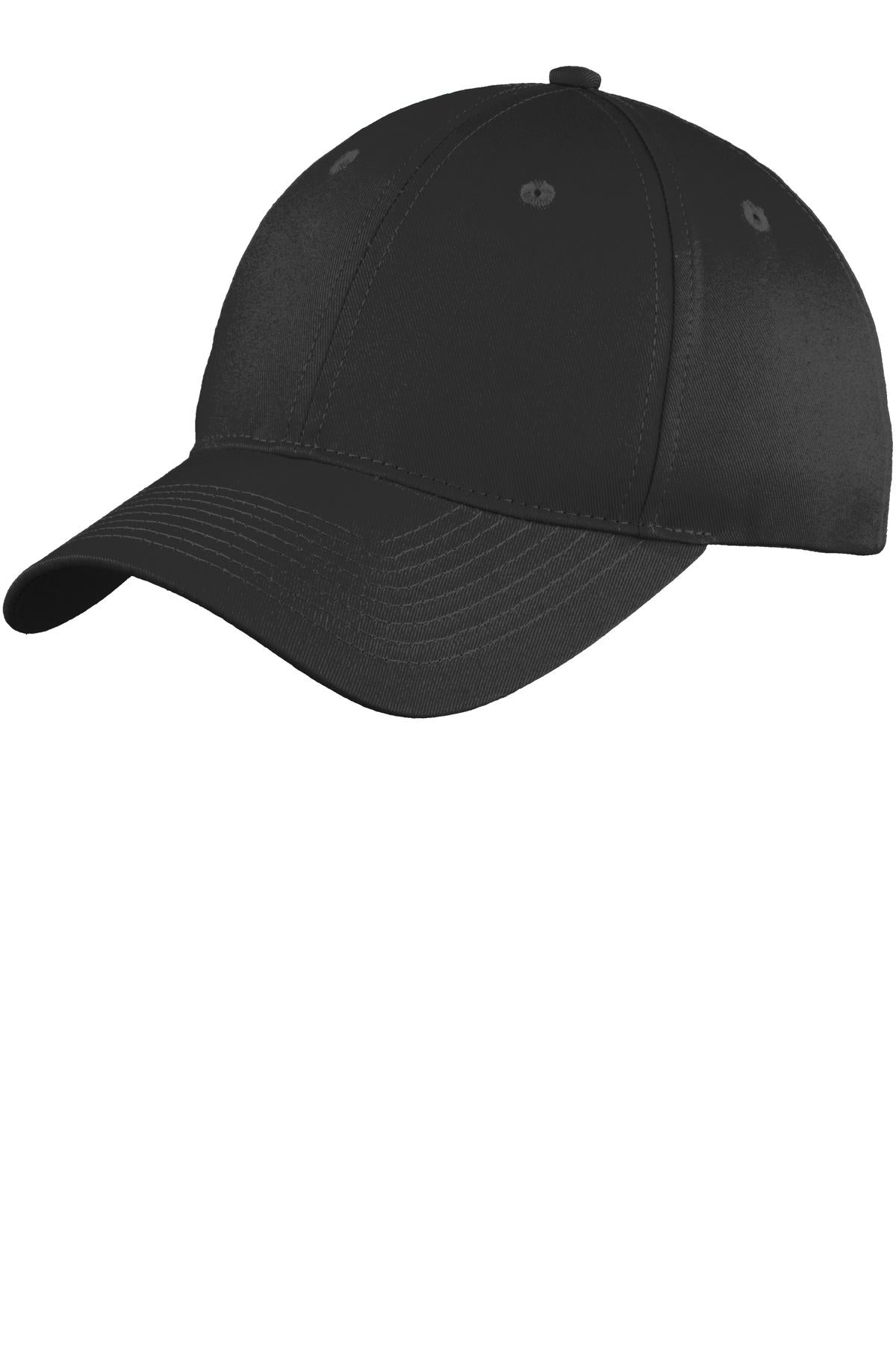 Front View of Black Port Authority Youth Six-Panel Unstructured Twill Cap. YC914 plain