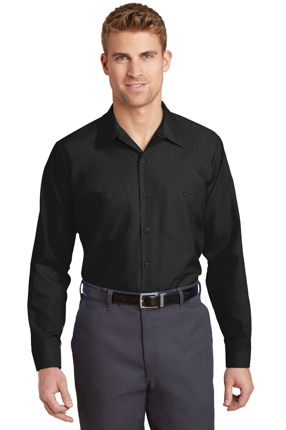 Front View of Black Red Kap Long Sleeve Industrial Work Shirt. SP14 plain