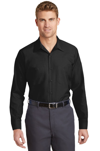 Front View of Black Red Kap Long Sleeve Industrial Work Shirt. SP14 plain