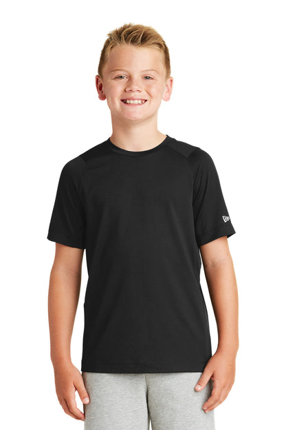 Front View of Black Solid New Era Youth Series Performance Crew Tee. YNEA200 plain