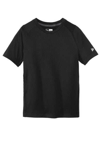 Front View of Black Solid New Era Youth Series Performance Crew Tee. YNEA200 plain