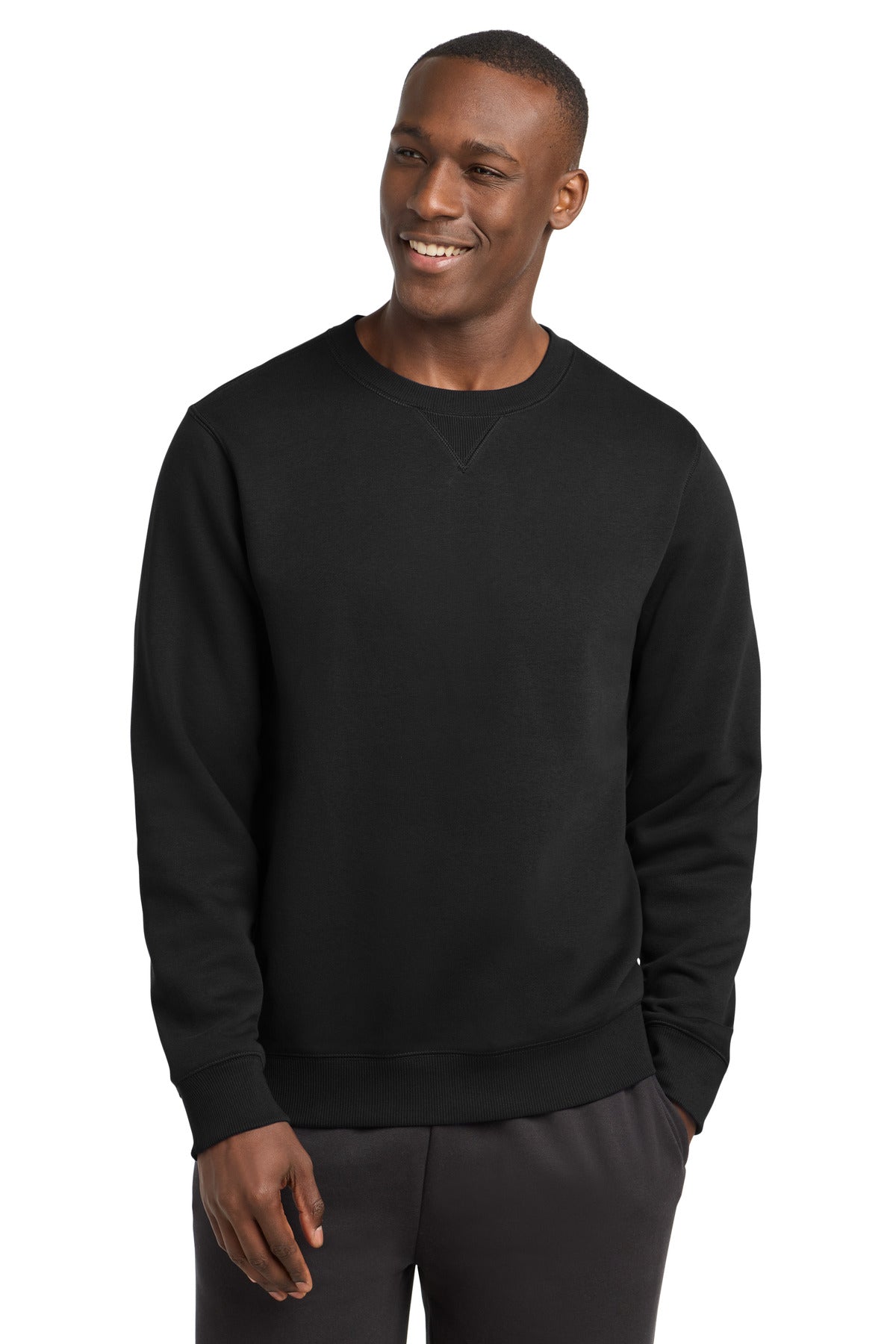 Front View of Black Sport-Tek Crewneck Sweatshirt. ST266 plain
