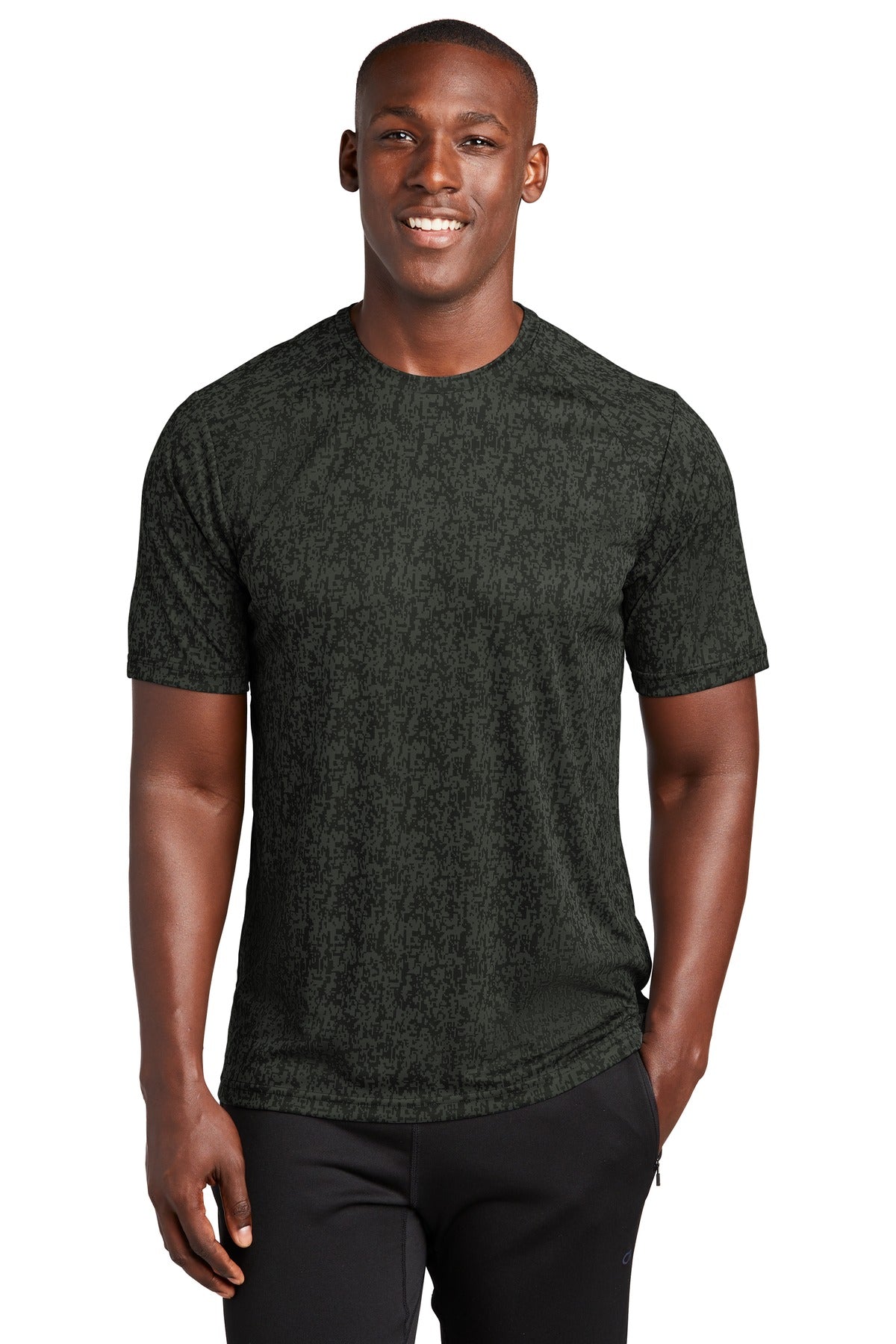Front View of Black Sport-Tek Digi Camo Tee. ST460 plain