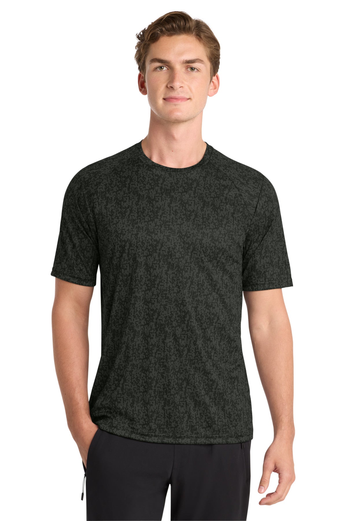 Front View of Black Sport-Tek Digi Camo Tee. ST460 plain
