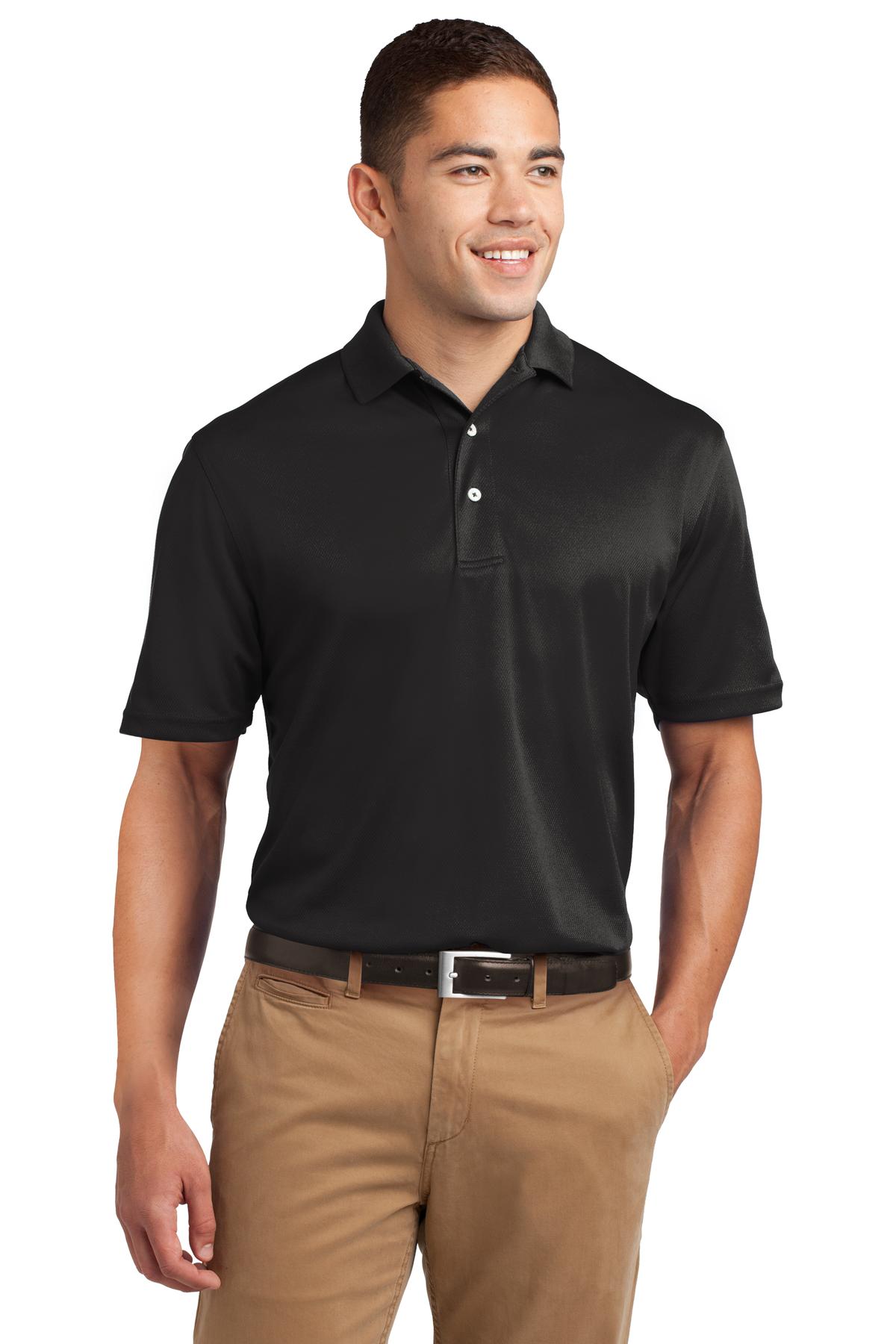 Front View of Black Sport-Tek Dri-Mesh Polo. K469 plain