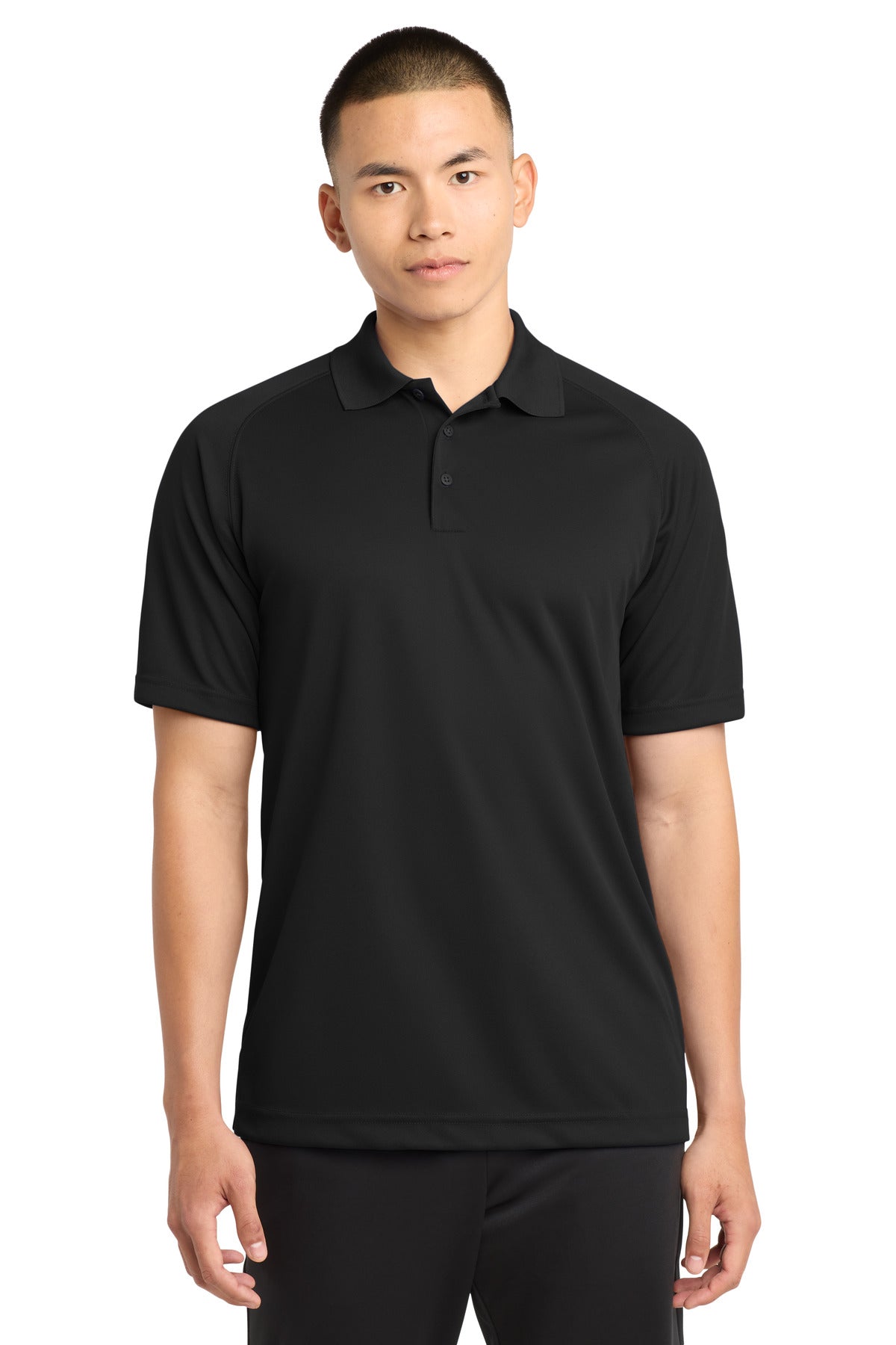 Front View of Black Sport-Tek Dry Zone Raglan Polo. T475 plain