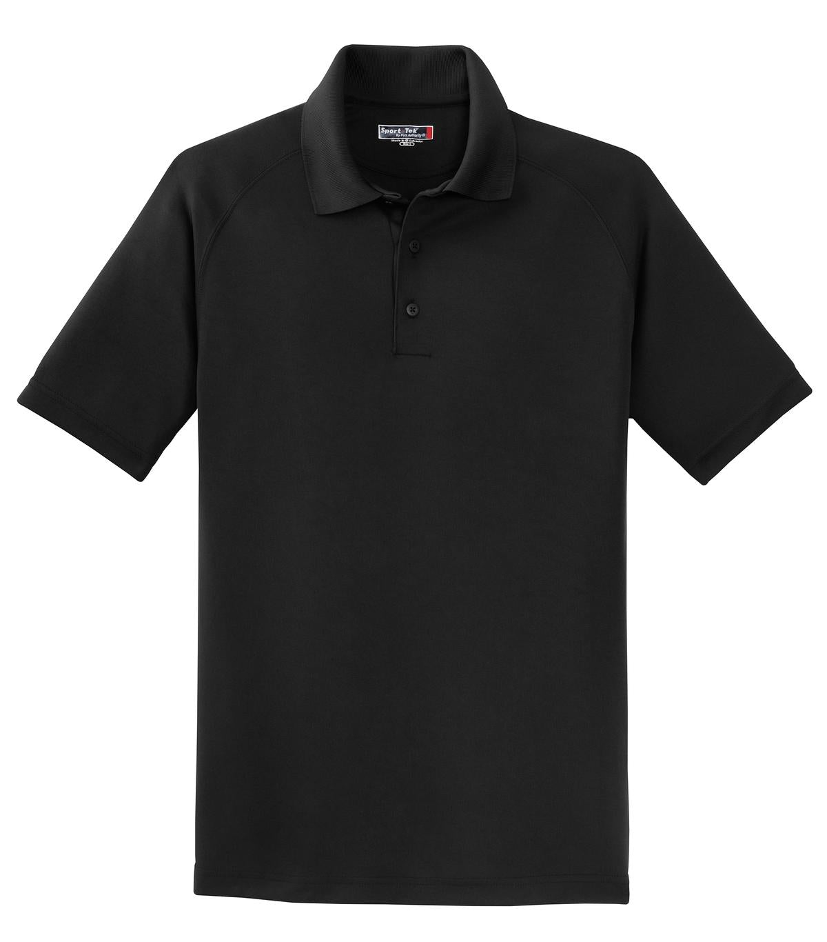 Front View of Black Sport-Tek Dry Zone Raglan Polo. T475 plain