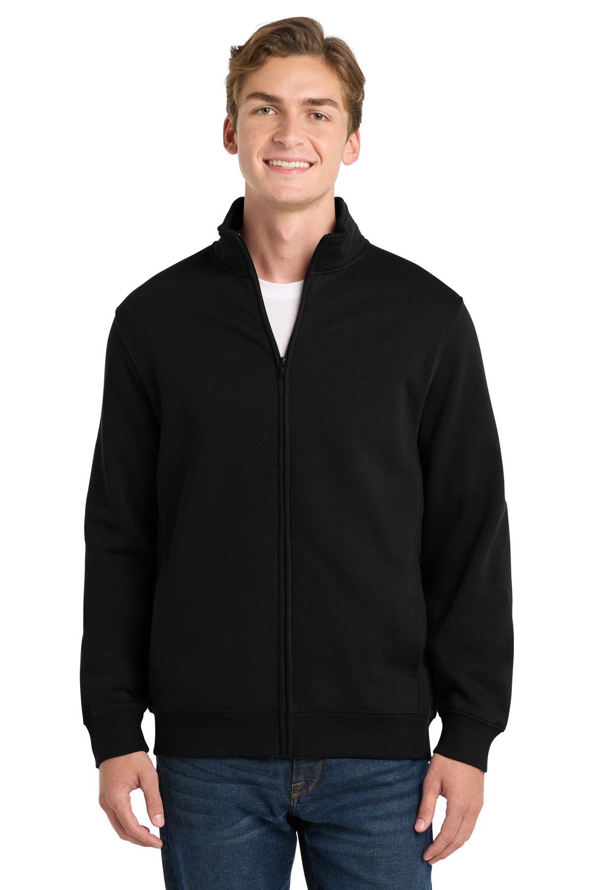 Front View of Black Sport-Tek Full-Zip Sweatshirt. ST259 plain