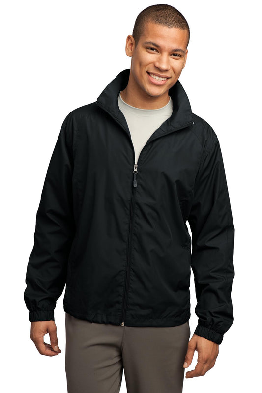 Front View of Black Sport-Tek Full-Zip Wind Jacket. JST70 plain