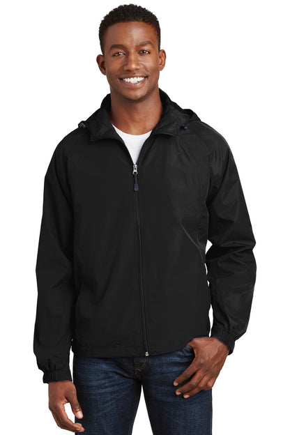 Front View of Black Sport-Tek Hooded Raglan Jacket. JST73 plain