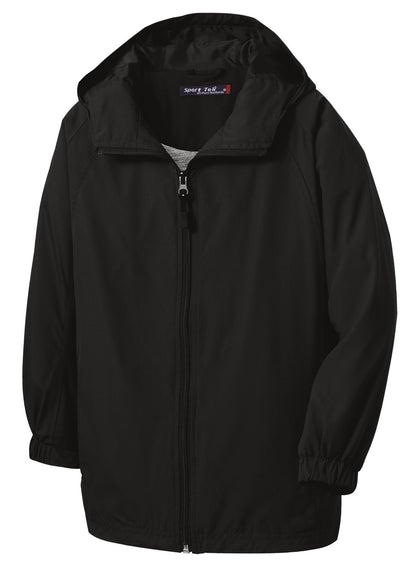 Front View of Black Sport-Tek Hooded Raglan Jacket. JST73 plain