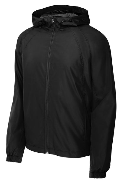Front View of Black Sport-Tek Hooded Raglan Jacket. JST73 plain