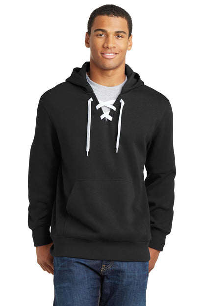 Front View of Black Sport-Tek Lace Up Pullover Hooded Sweatshirt. ST271 plain