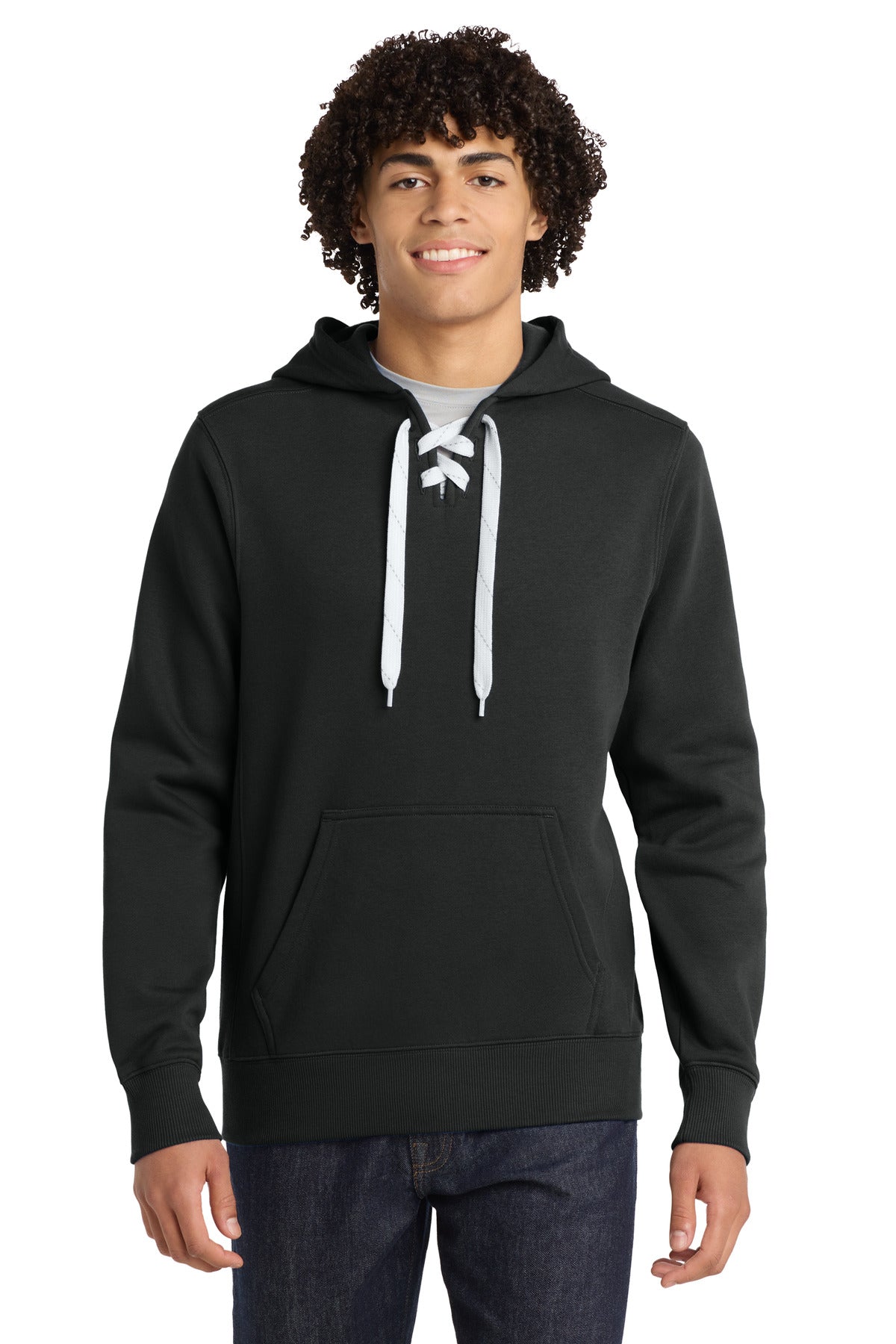 Front View of Black Sport-Tek Lace Up Pullover Hooded Sweatshirt. ST271 plain