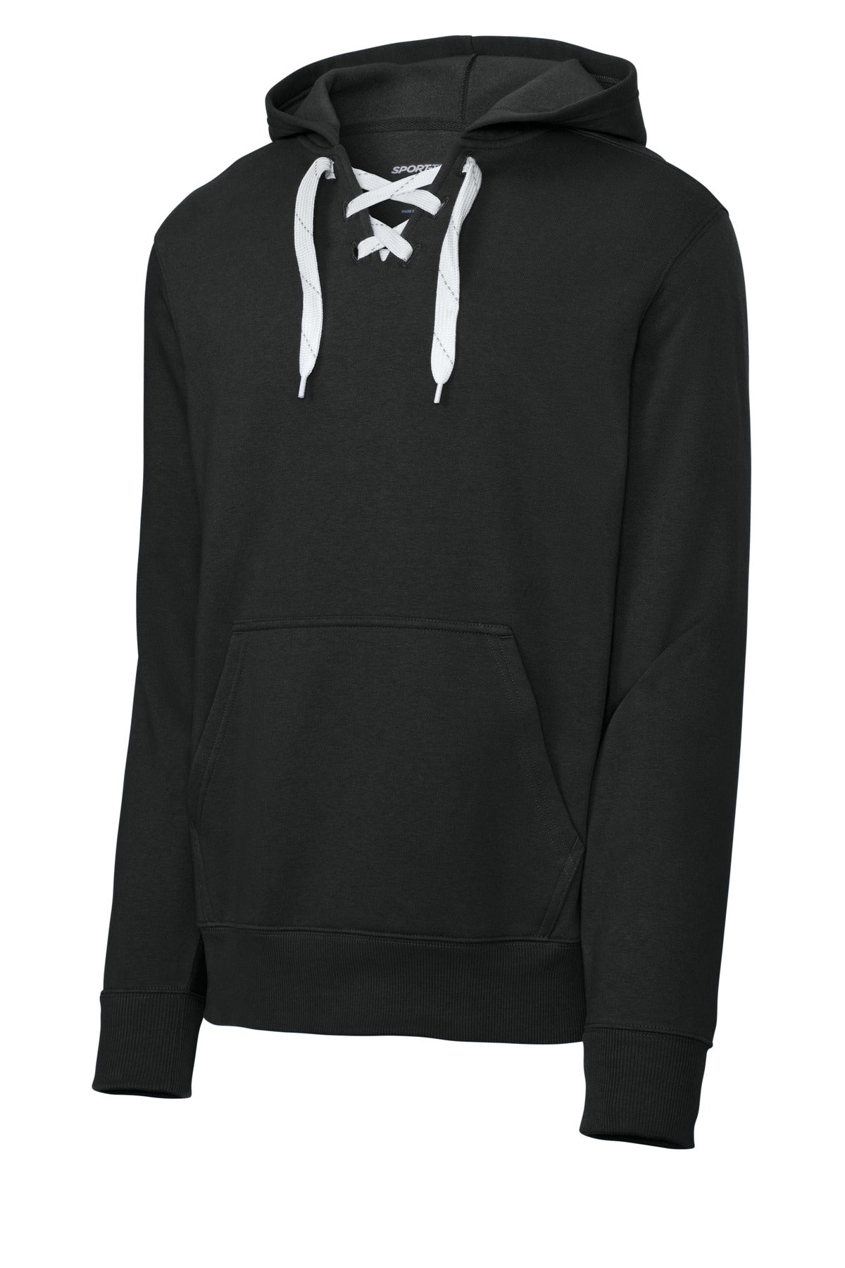 Front View of Black Sport-Tek Lace Up Pullover Hooded Sweatshirt. ST271 plain
