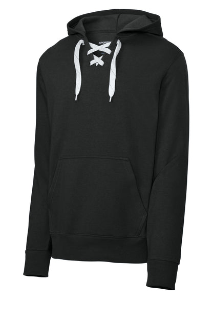 Front View of Black Sport-Tek Lace Up Pullover Hooded Sweatshirt. ST271 plain