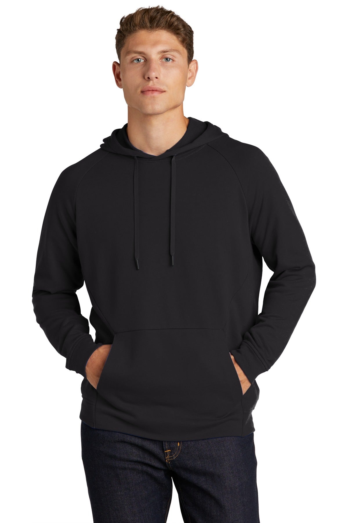 Front View of Black Sport-Tek Lightweight French Terry Pullover Hoodie. ST272 plain