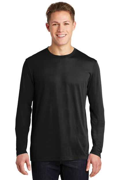 Front View of Black Sport-Tek Long Sleeve PosiCharge Competitor Cotton Touch Tee. ST450LS plain