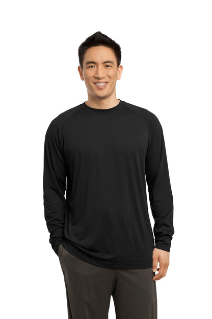 Front View of Black Sport-Tek Long Sleeve Ultimate Performance Crew. ST700LS plain