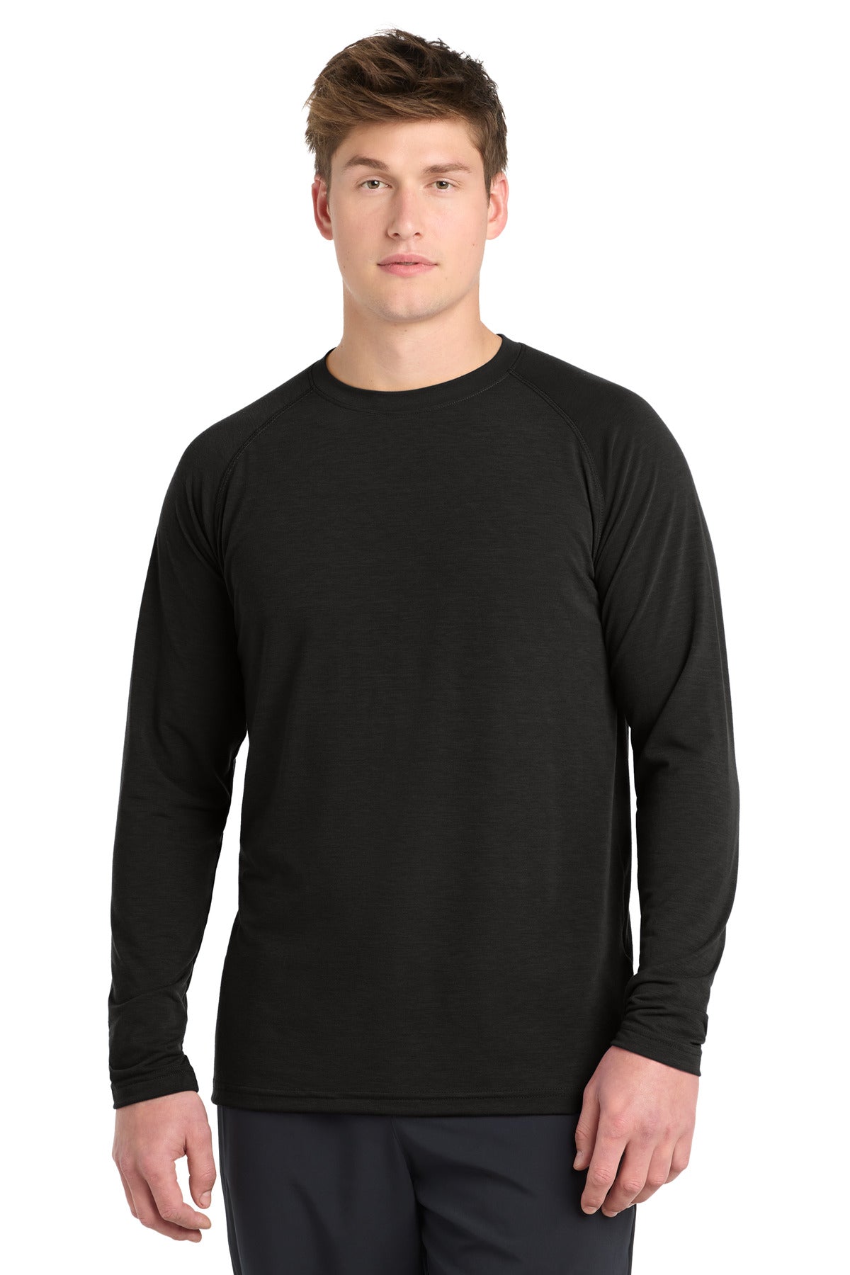 Front View of Black Sport-Tek Long Sleeve Ultimate Performance Crew. ST700LS plain