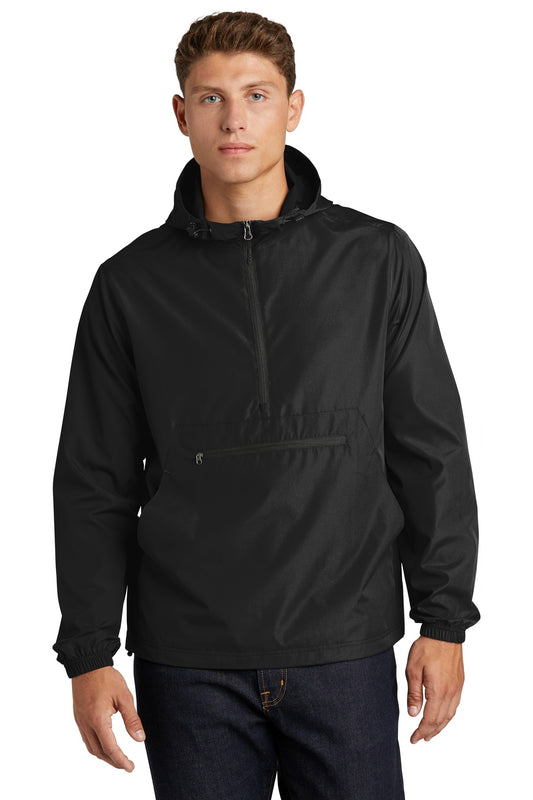 Front View of Black Sport-Tek Packable Anorak. JST66 plain